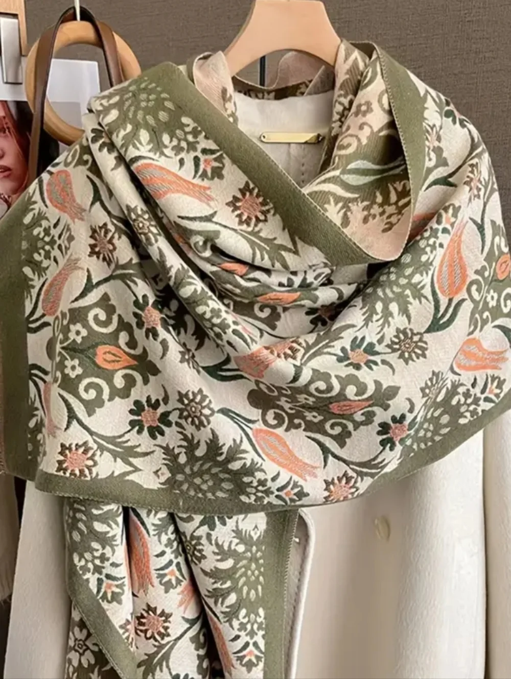 NEW! Floral Olive & Sunset Cashmere-Feel Shawl Scarf XL - Picture 4 of 5